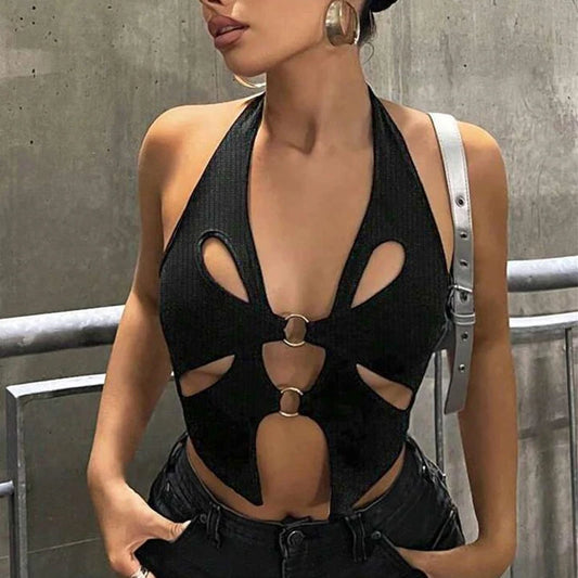 Women’s Sexy Cut-Out Ring Detail Halter Top